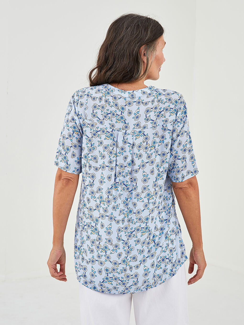Henley Neckline Floral Short Sleeve Viscose Women's Blouse-3