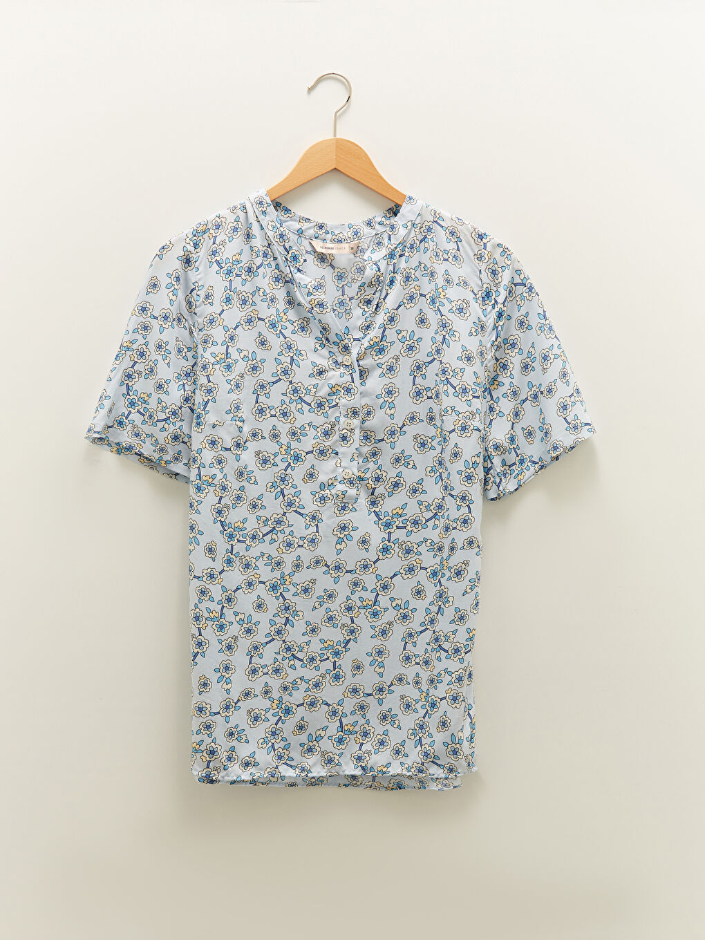 Henley Neckline Floral Short Sleeve Viscose Women's Blouse-4