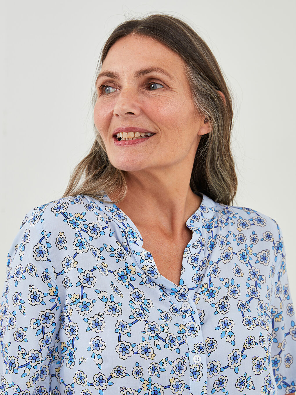 Henley Neckline Floral Short Sleeve Viscose Women's Blouse-1