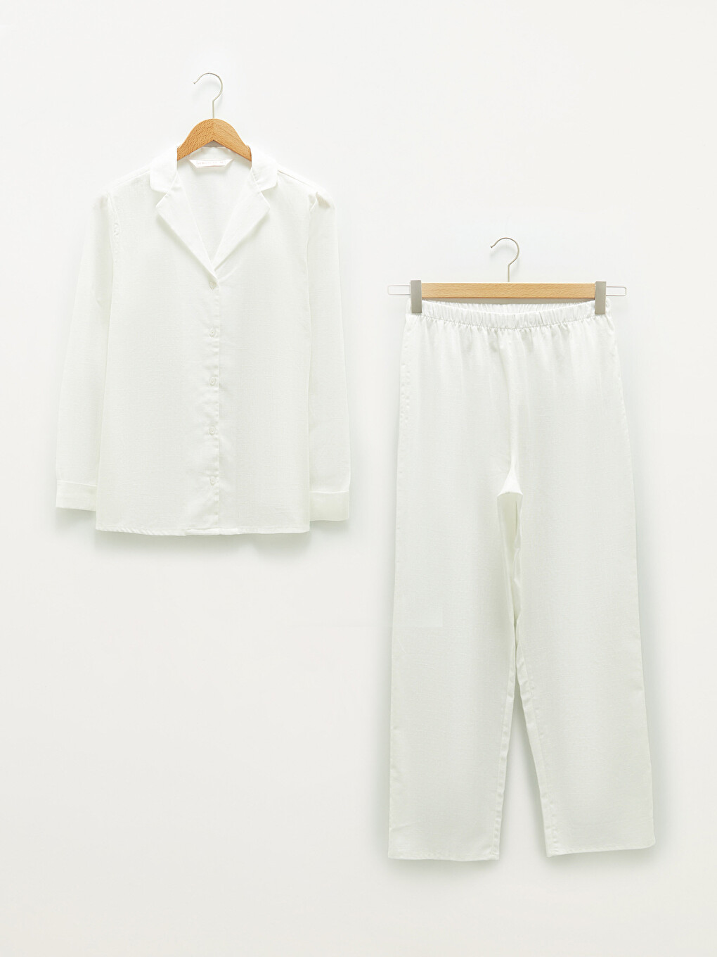 Ekru Gömlek Yaka Düz Uzun Kollu Pamuklu Kadın Pijama Takımı
