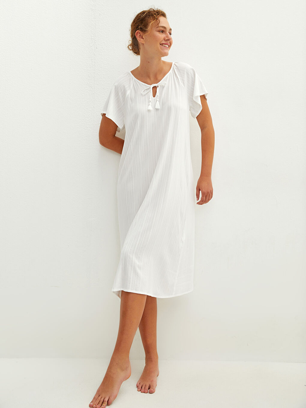 Ekru Bağlamalı Yaka Çizgili Kısa Kollu Kadın Gecelik-1