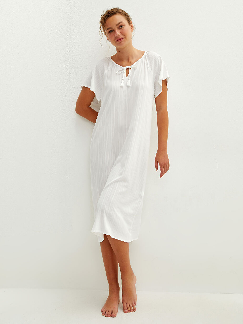 Ekru Bağlamalı Yaka Çizgili Kısa Kollu Kadın Gecelik-2