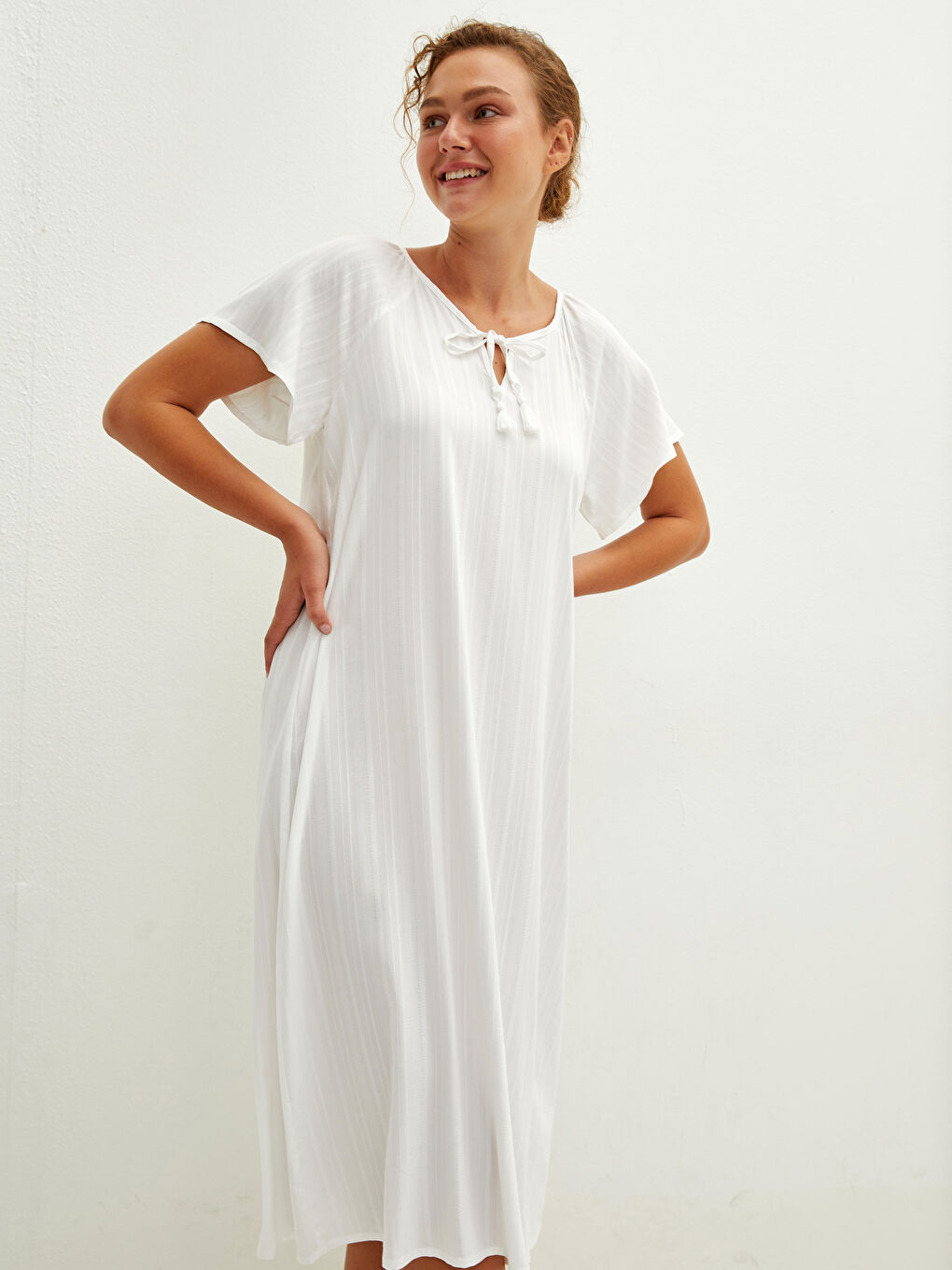 Ekru Bağlamalı Yaka Çizgili Kısa Kollu Kadın Gecelik-3