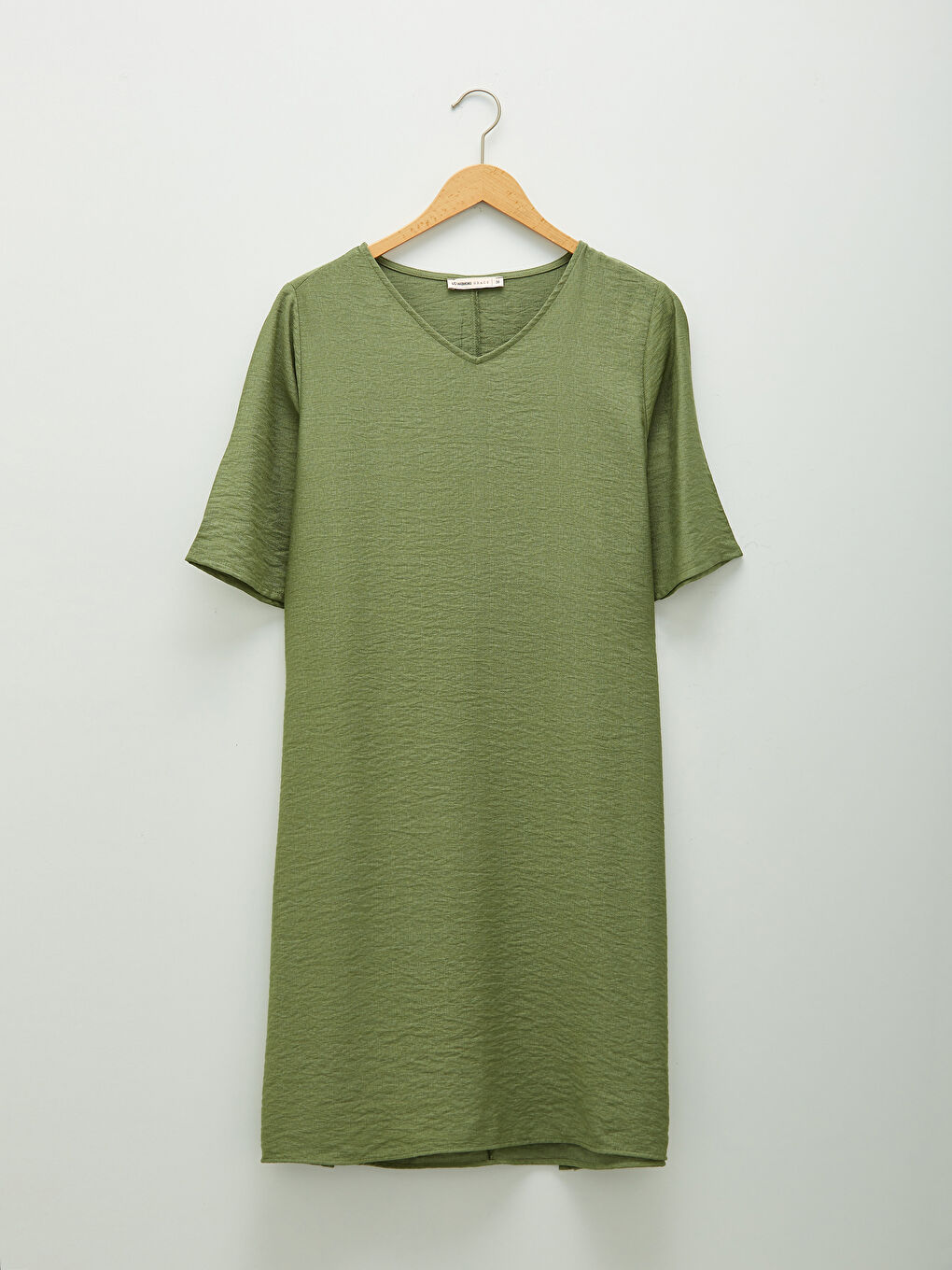 Yeşil V Yaka Düz Kısa Kollu A Kesim Kadın Elbise-6