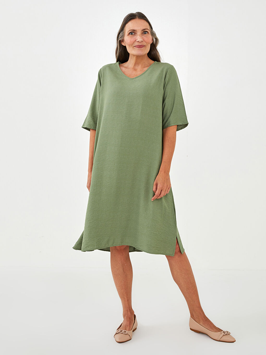 Yeşil V Yaka Düz Kısa Kollu A Kesim Kadın Elbise-2