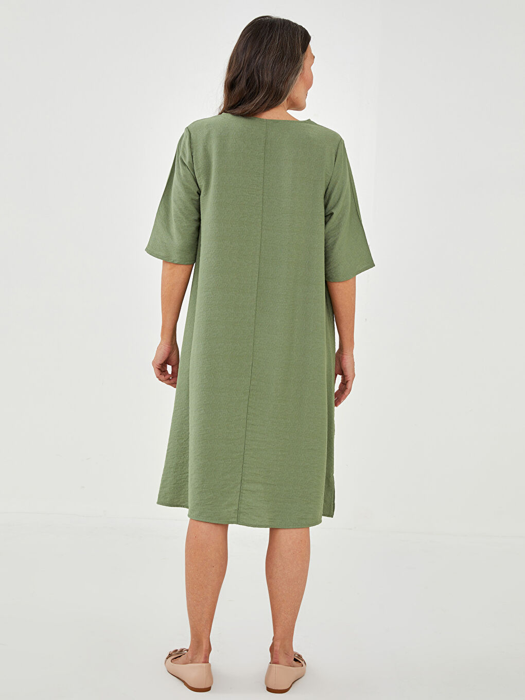 Yeşil V Yaka Düz Kısa Kollu A Kesim Kadın Elbise-5