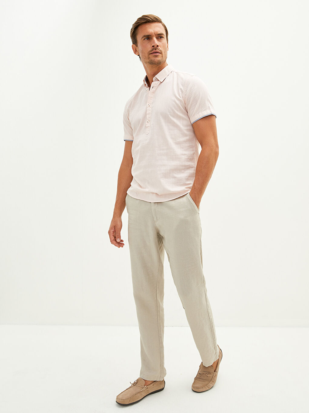 Pembe Slim Fit Kısa Kollu Erkek Gömlek-4