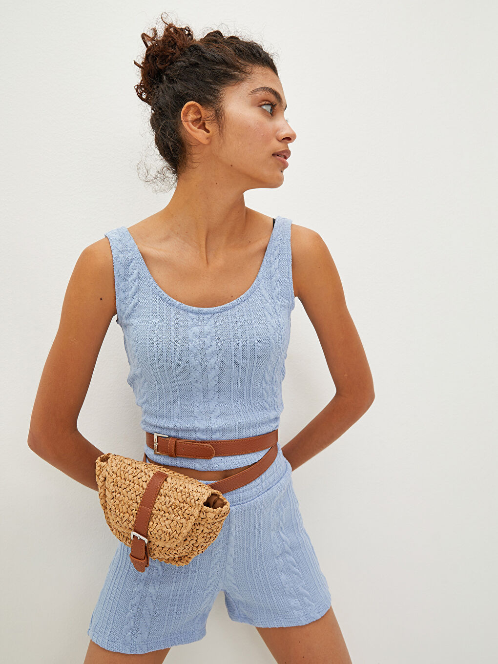 Mavi Beli Lastikli Desenli Kadın Bermuda Şort-4