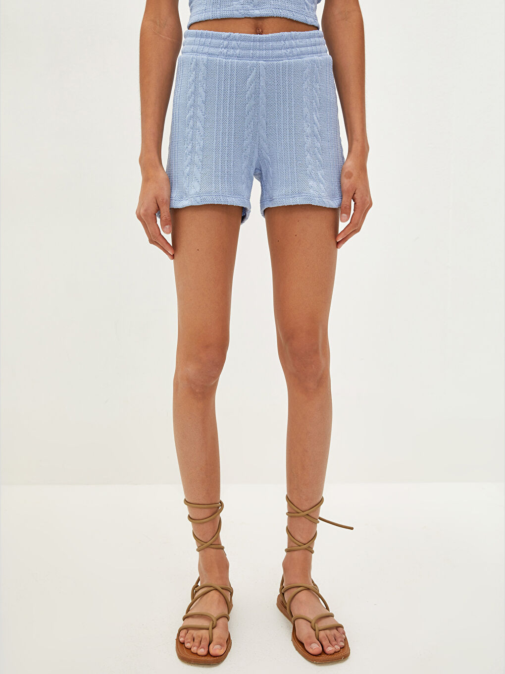 Mavi Beli Lastikli Desenli Kadın Bermuda Şort-5