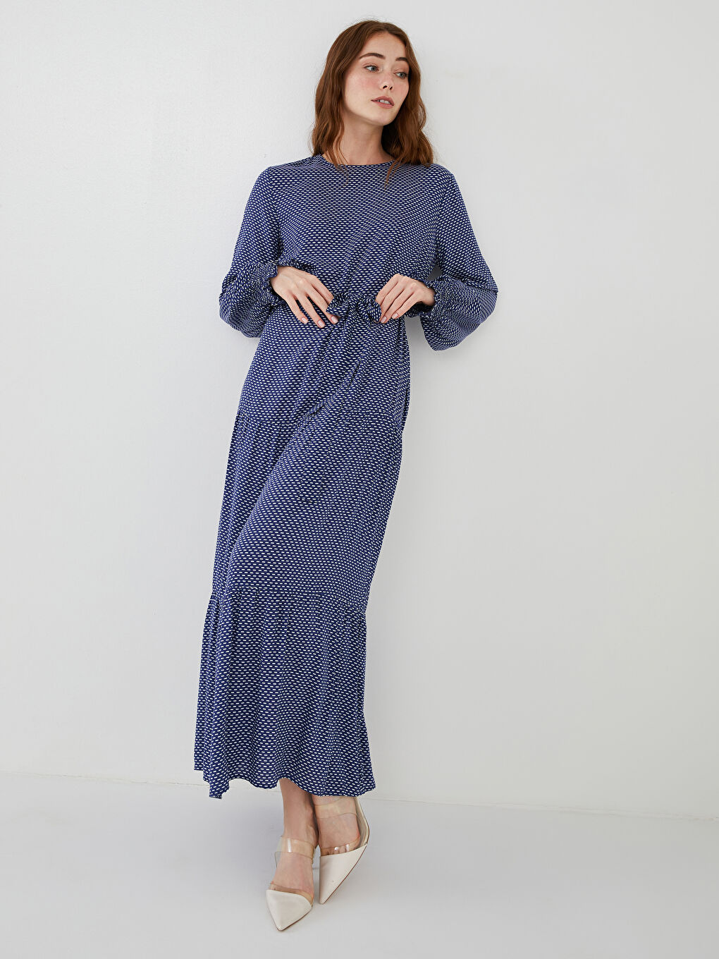 Mavi Bisiklet Yaka Desenli Uzun Kollu Beli Kemerli Viskon Kadın Elbise-2