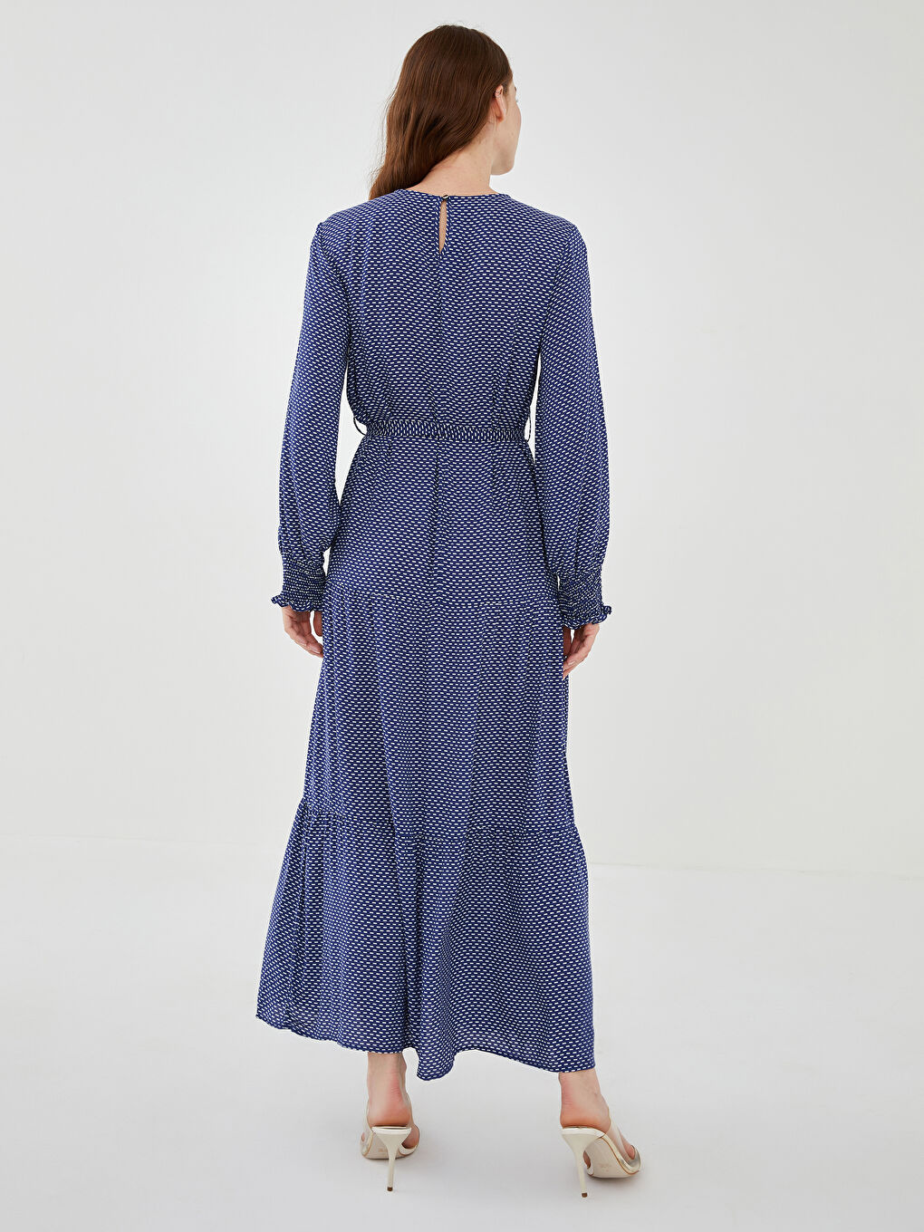 Mavi Bisiklet Yaka Desenli Uzun Kollu Beli Kemerli Viskon Kadın Elbise-5