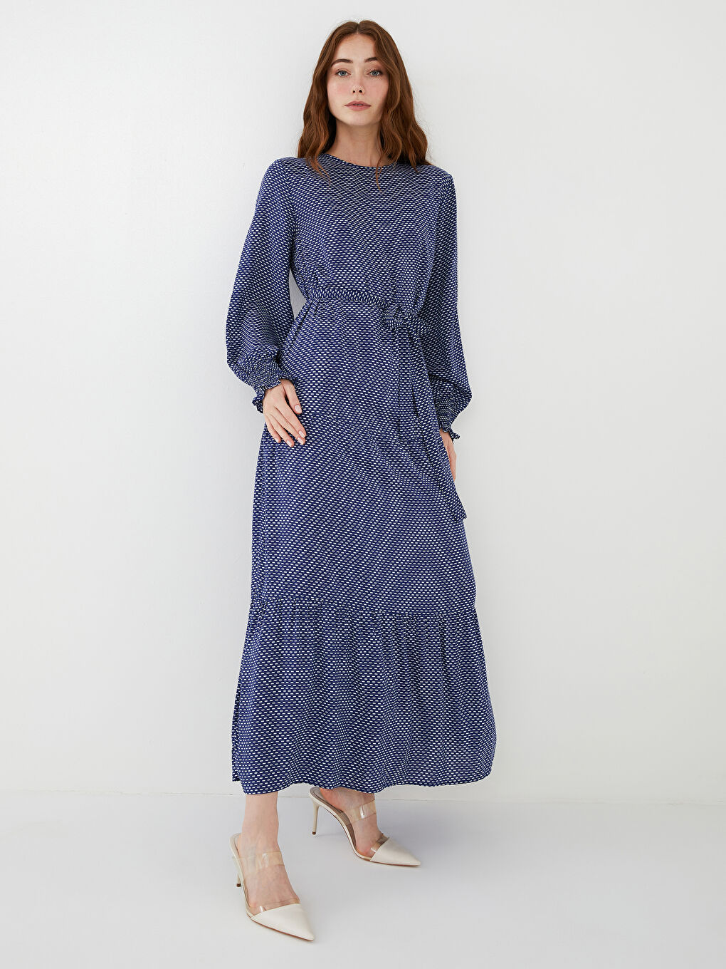 Mavi Bisiklet Yaka Desenli Uzun Kollu Beli Kemerli Viskon Kadın Elbise