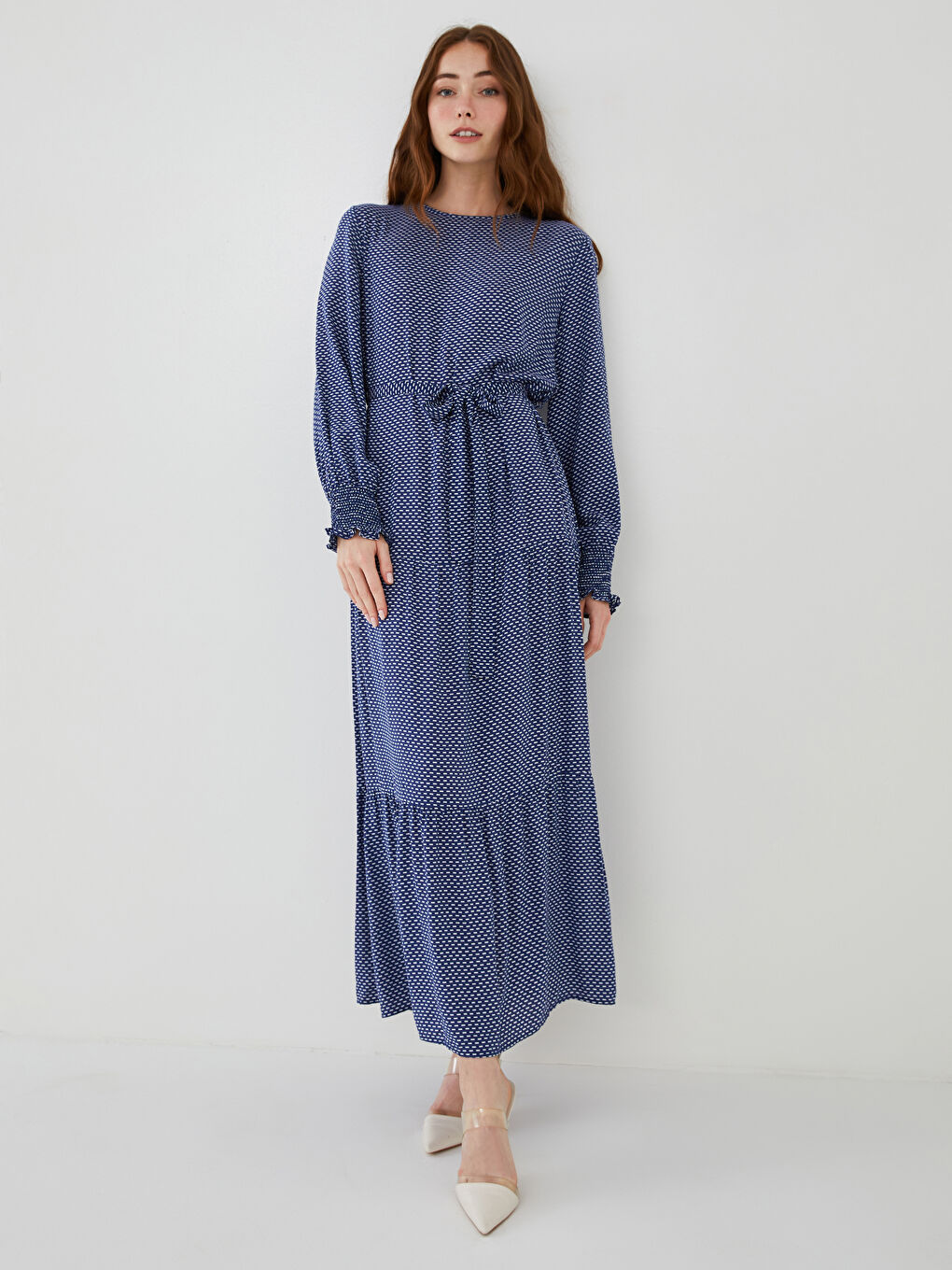 Mavi Bisiklet Yaka Desenli Uzun Kollu Beli Kemerli Viskon Kadın Elbise-1