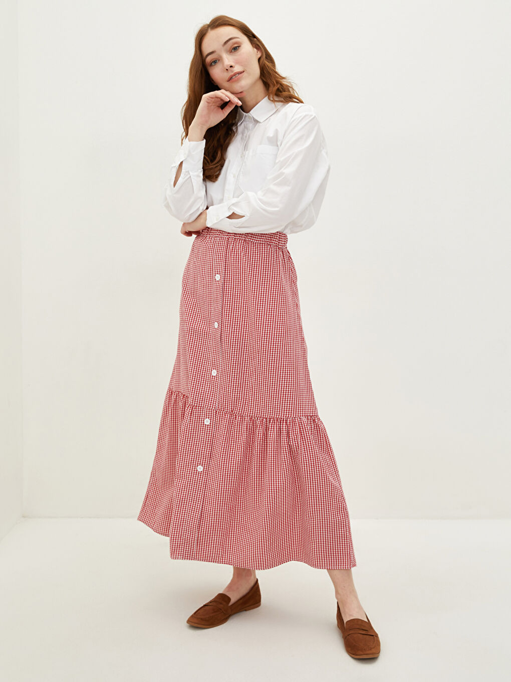 Elastic Waist Plaid Medina Silk Fabric Women's Skirt-2
