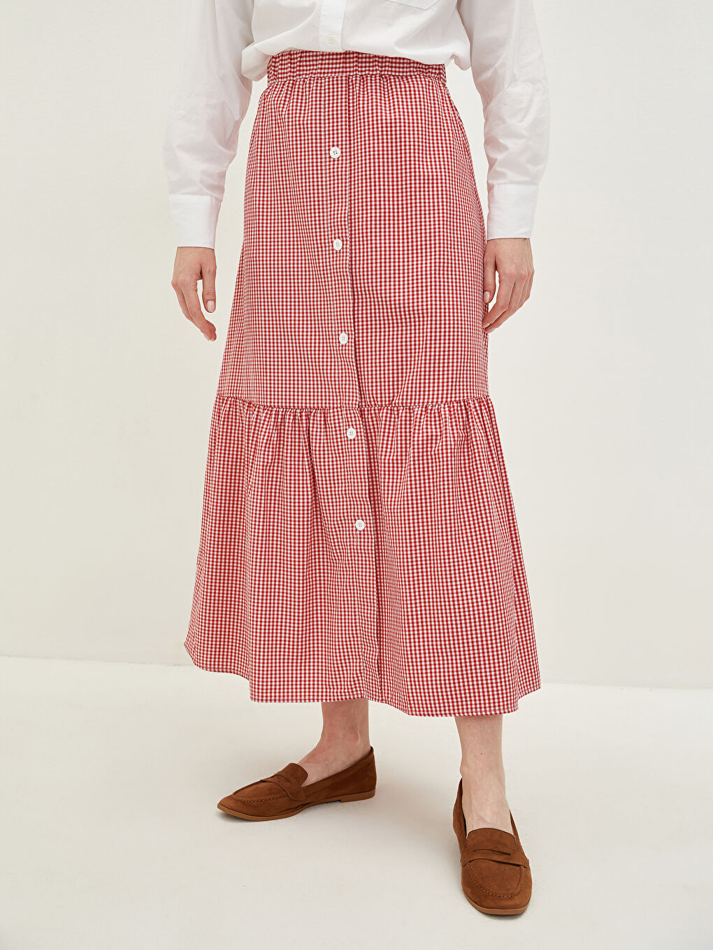 Elastic Waist Plaid Medina Silk Fabric Women's Skirt-3