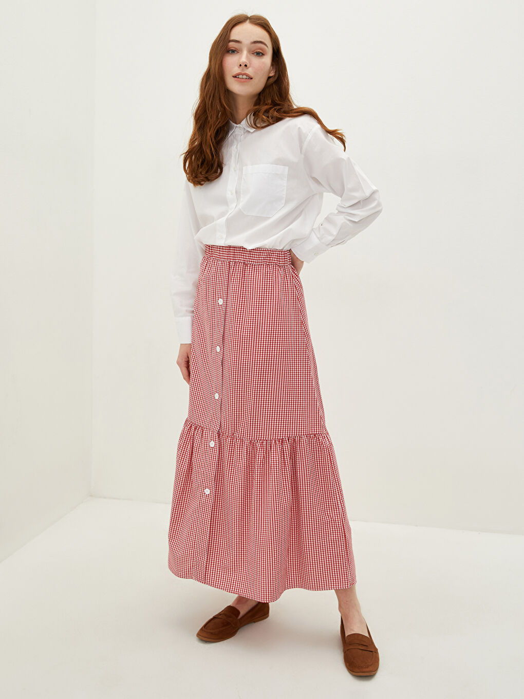 Elastic Waist Plaid Medina Silk Fabric Women's Skirt-1