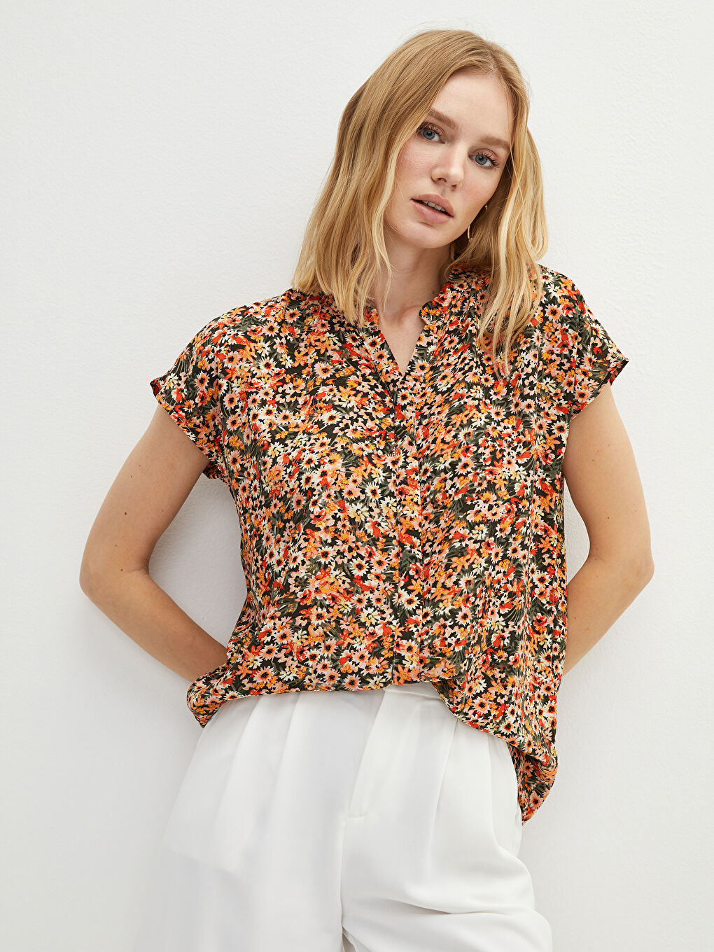 Turtle Neck Floral Short Sleeve Viscose Women's Shirt-1