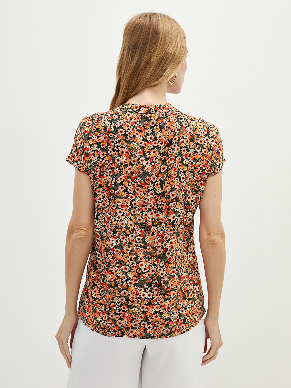 Turtle Neck Floral Short Sleeve Viscose Women's Shirt-4
