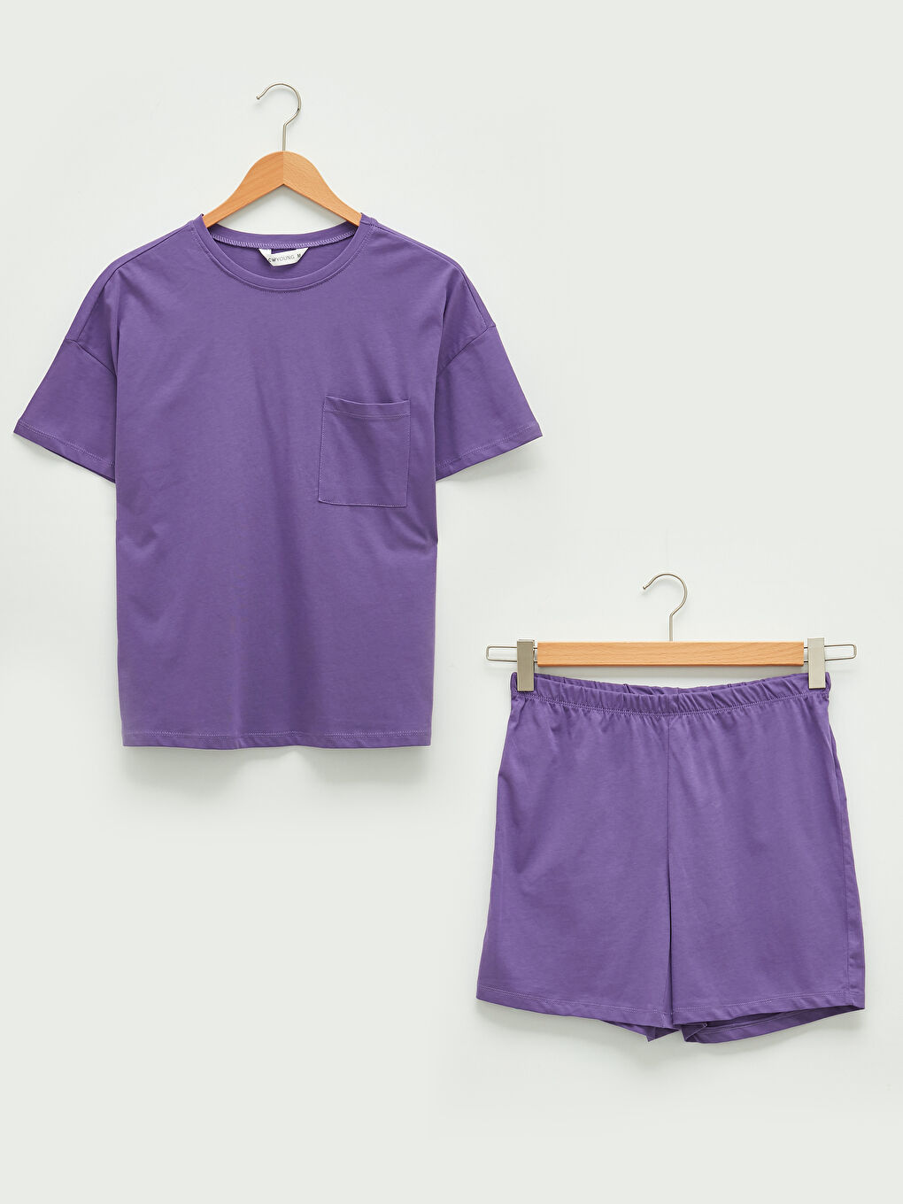 طقم بيجامة شورت قطن كم قصير ياقة دائرية سادة-5