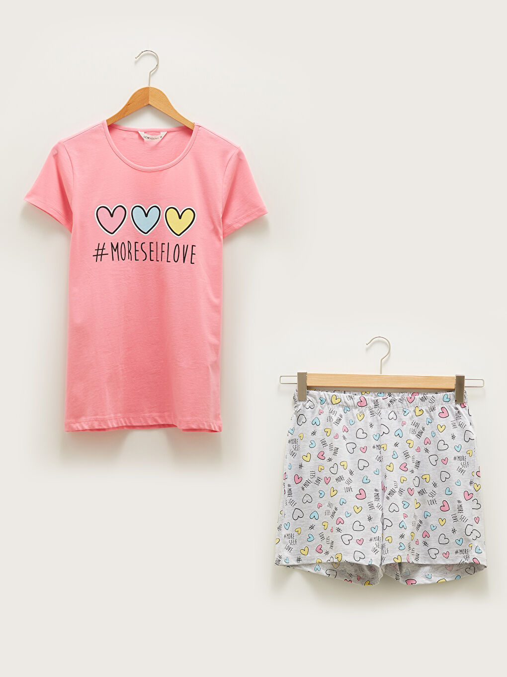 Pembe Bisiklet Yaka Baskılı Kısa Kollu Kadın Şortlu Pijama Takımı-6