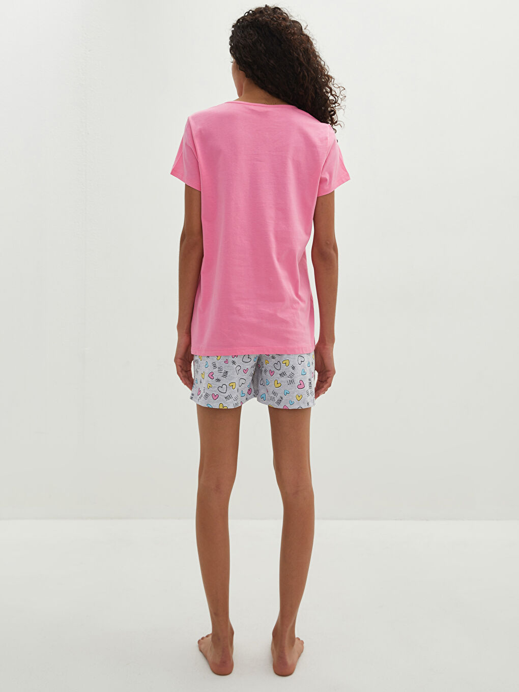 Pembe Bisiklet Yaka Baskılı Kısa Kollu Kadın Şortlu Pijama Takımı-5