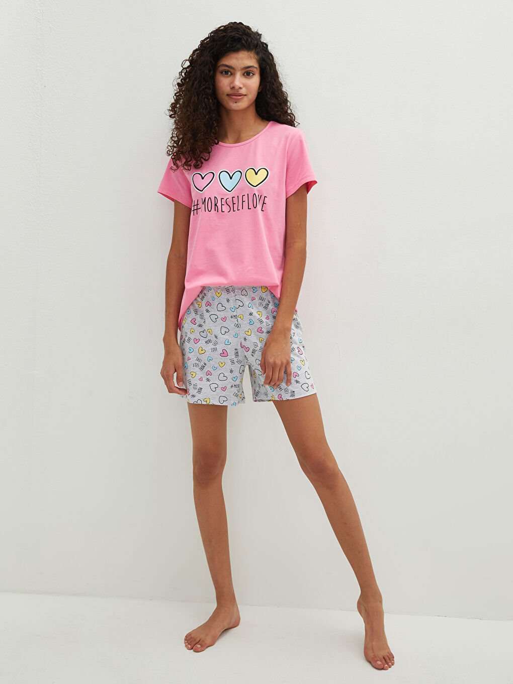 Pembe Bisiklet Yaka Baskılı Kısa Kollu Kadın Şortlu Pijama Takımı-3