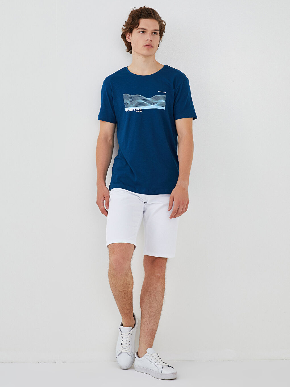 Petrol Bisiklet Yaka Baskılı Kısa Kollu Penye Erkek Tişört-2