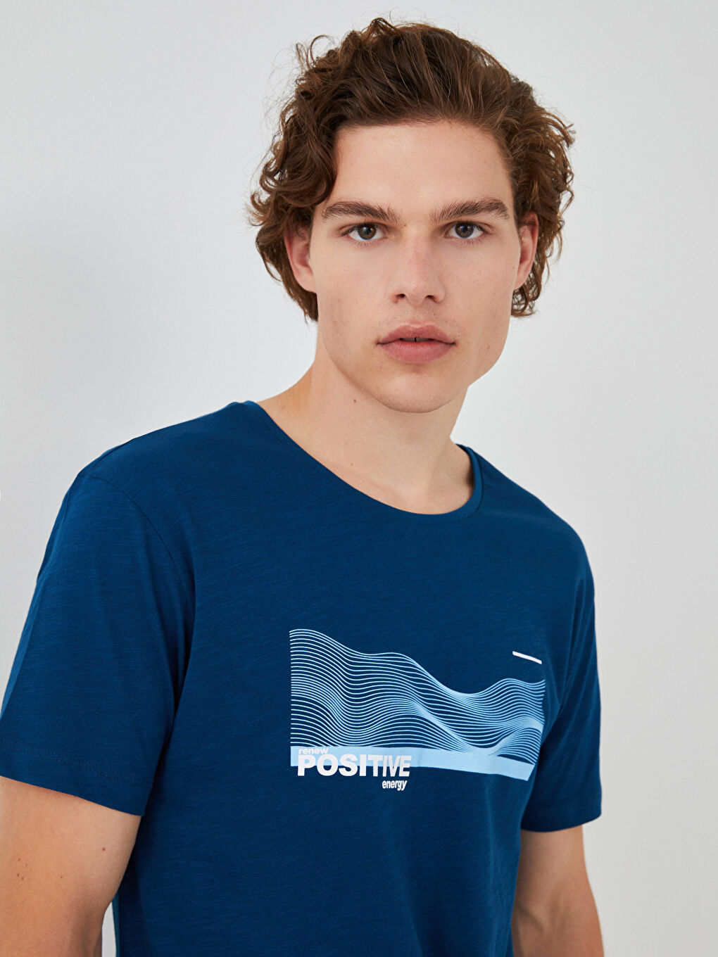 Petrol Bisiklet Yaka Baskılı Kısa Kollu Penye Erkek Tişört-3