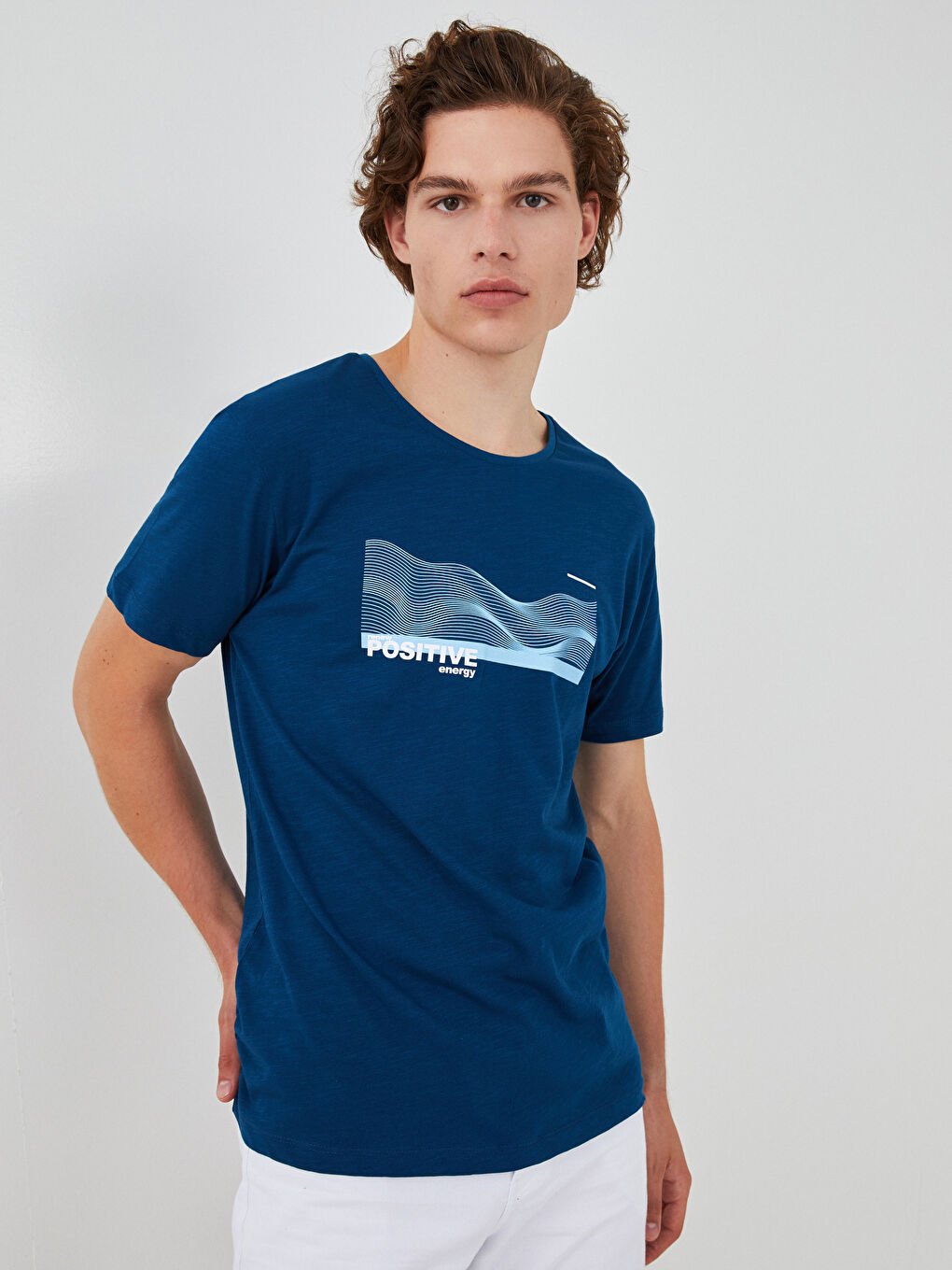 Petrol Bisiklet Yaka Baskılı Kısa Kollu Penye Erkek Tişört-1