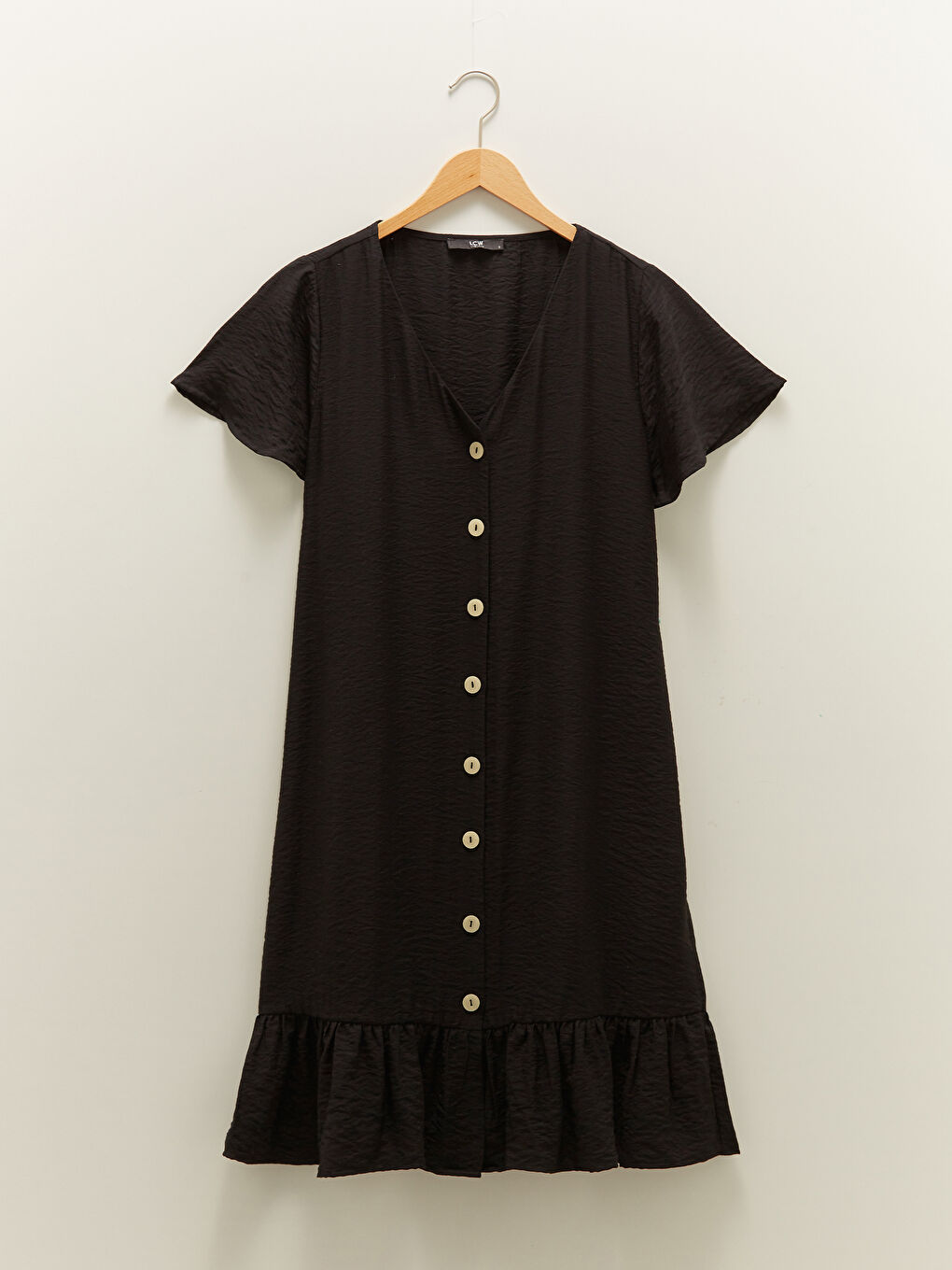 Siyah V Yaka Düz Kısa Kollu Kadın Elbise-5