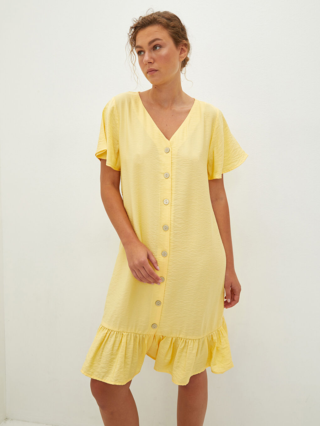 LCW Vision V Yaka Düz Kısa Kollu Kadın Elbise -S1M005Z8-FRN | LCW