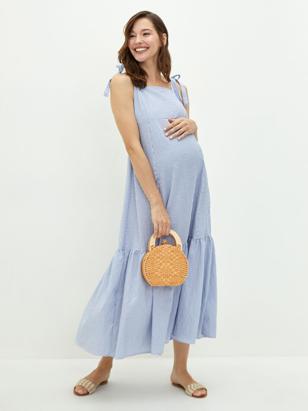 Mavi Kare Yaka Askılı Çizgili Poplin Hamile Elbise-1