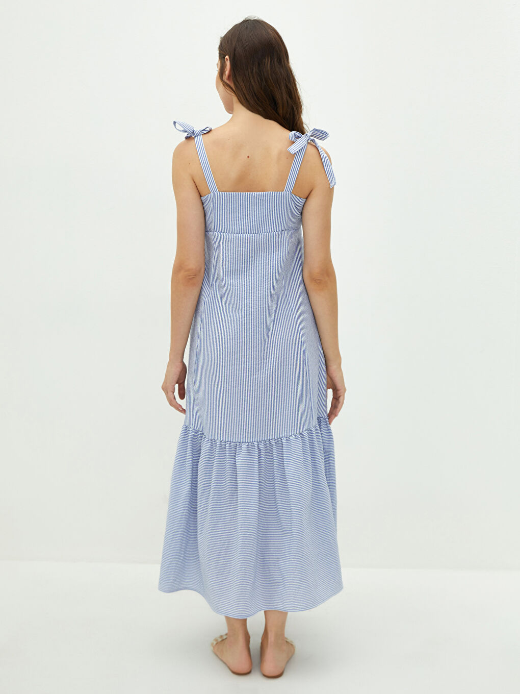 Mavi Kare Yaka Askılı Çizgili Poplin Hamile Elbise-5