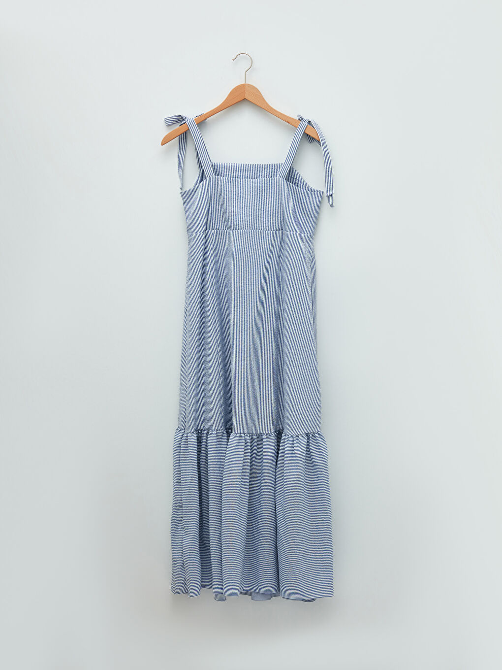 Mavi Kare Yaka Askılı Çizgili Poplin Hamile Elbise-6