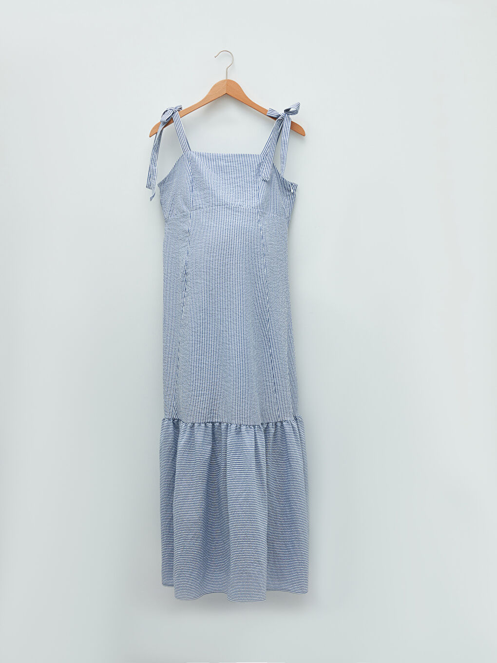 Mavi Kare Yaka Askılı Çizgili Poplin Hamile Elbise-7