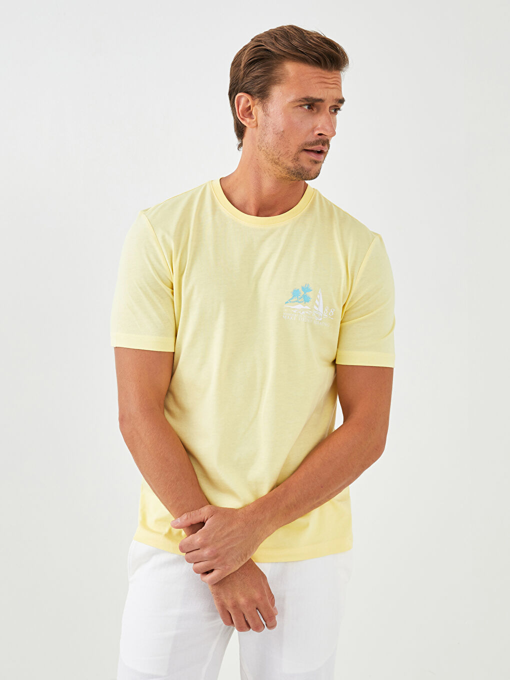 Sarı Bisiklet Yaka Kısa Kollu Baskılı Penye Erkek Tişört-2