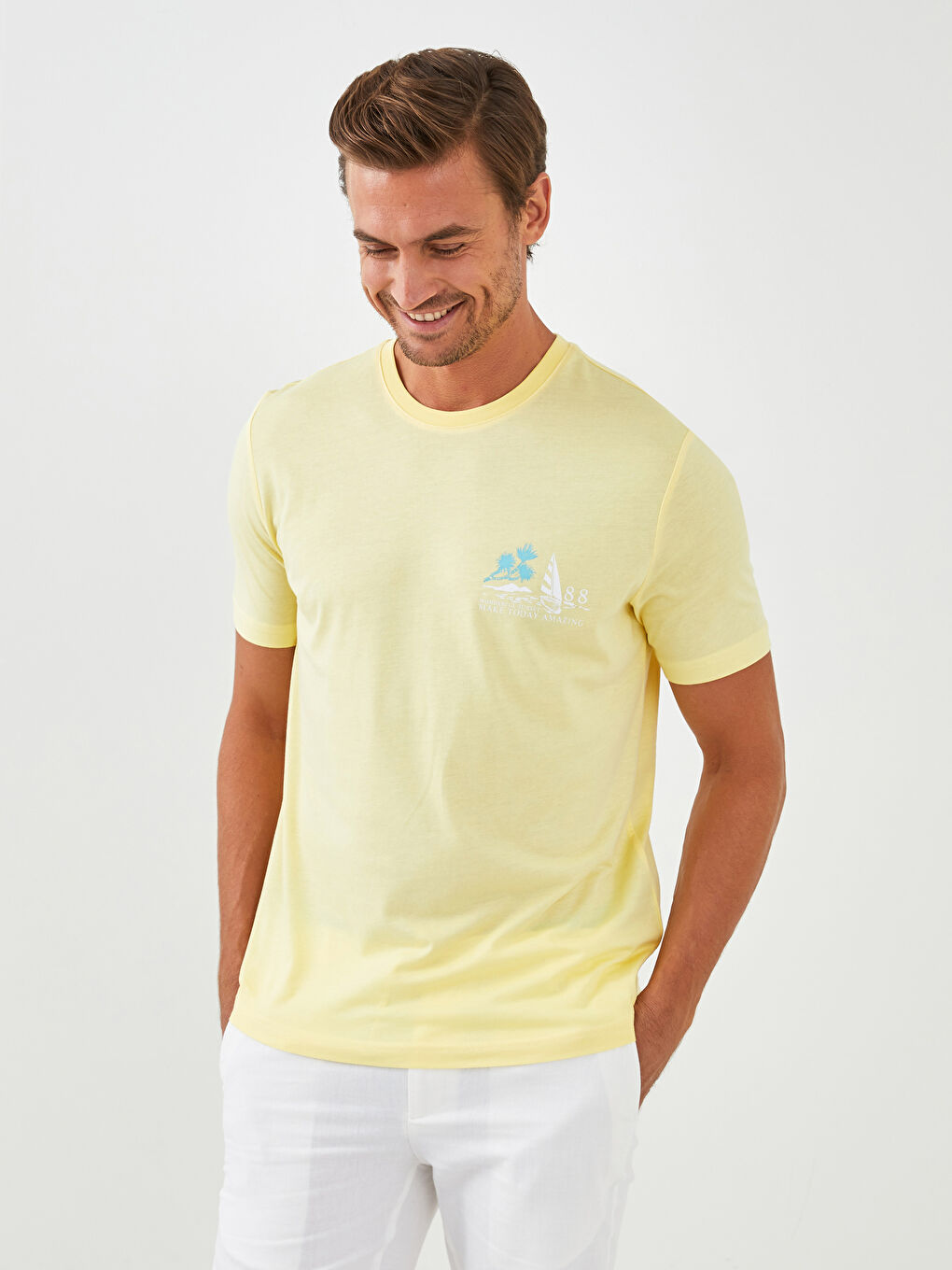 Sarı Bisiklet Yaka Kısa Kollu Baskılı Penye Erkek Tişört-1
