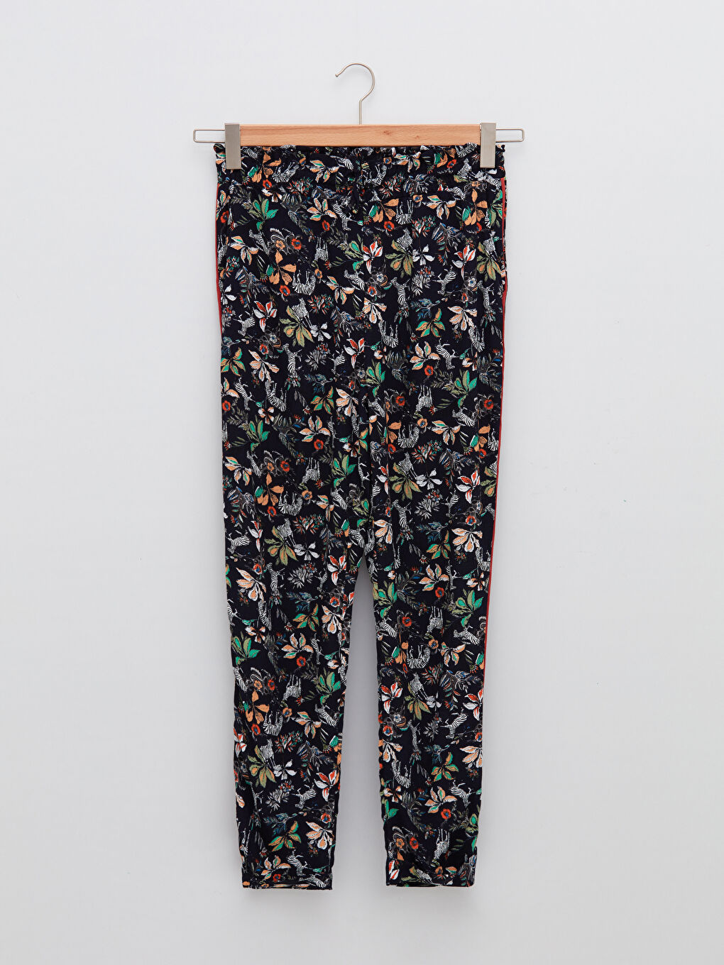 Lacivert Beli Lastikli Desenli Cep Detaylı Viskon Kadın Pantolon-5