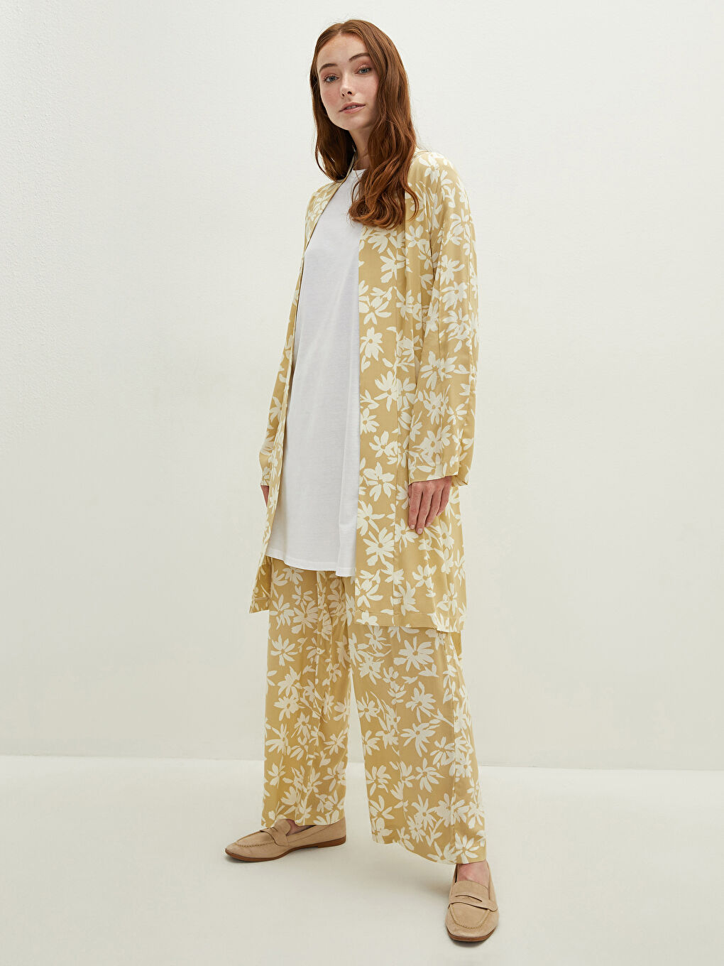 Kahverengi Beli Lastikli Rahat Kalıp Desenli Viskon Kadın Pantolon