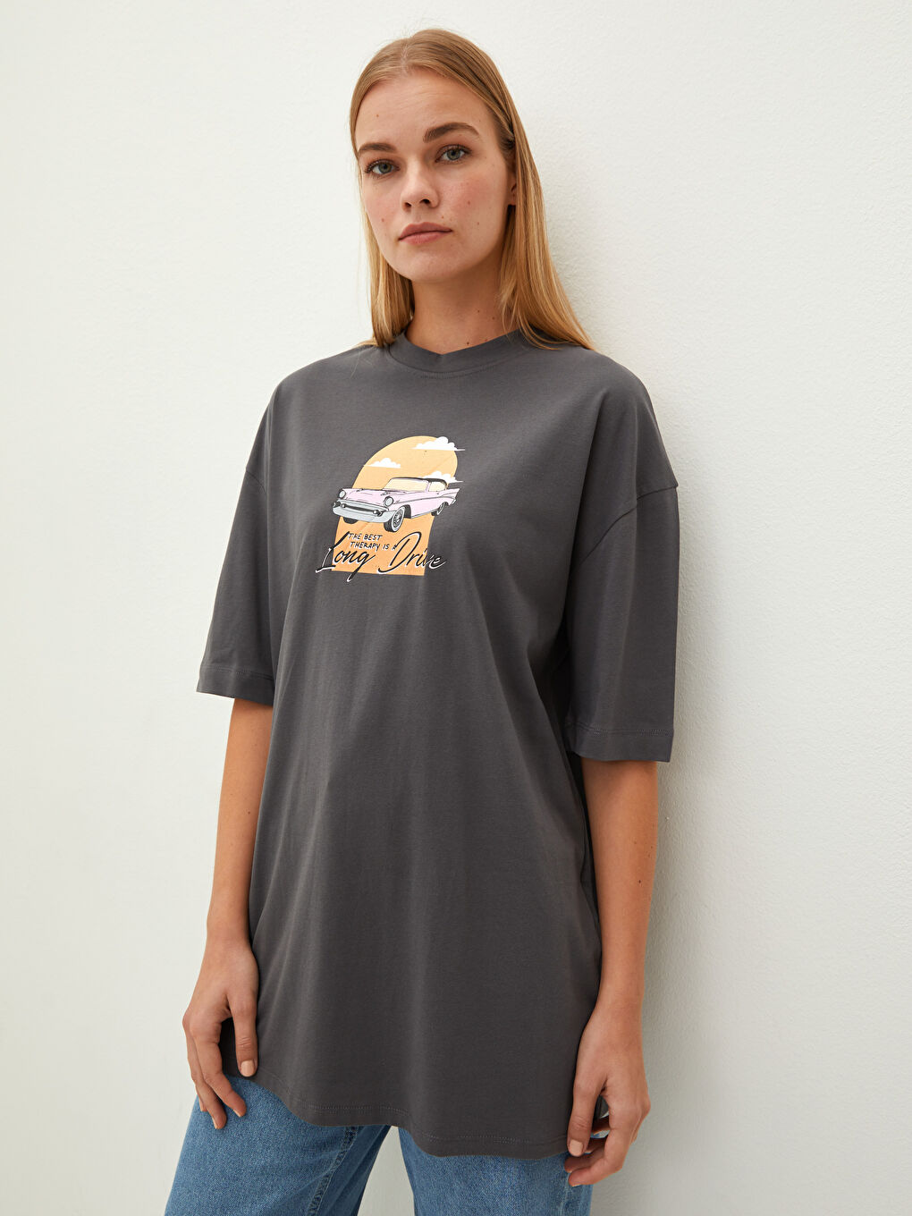 تونيك قطن كم قصير مطبوع بياقة دائرية للسيدات-1