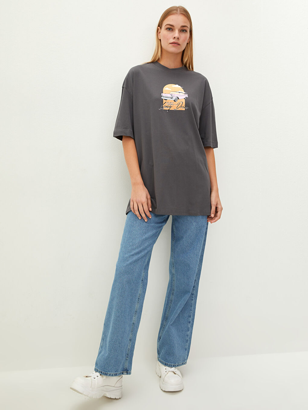 تونيك قطن كم قصير مطبوع بياقة دائرية للسيدات-2