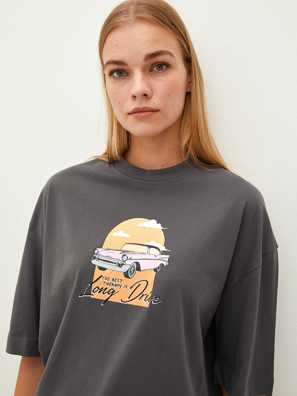 تونيك قطن كم قصير مطبوع بياقة دائرية للسيدات-3