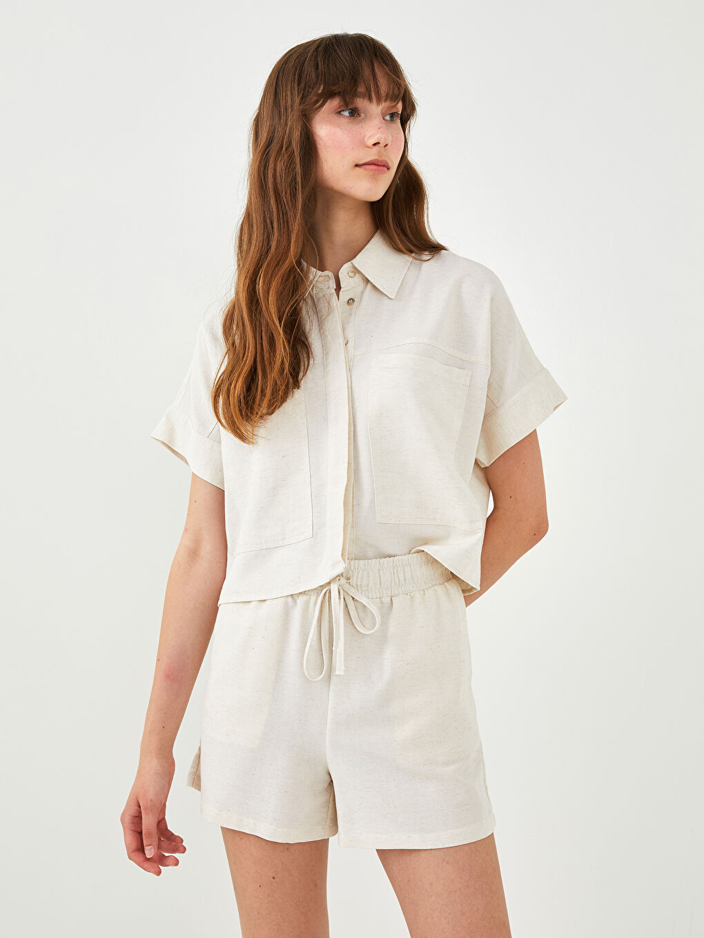Elastic Waist Plain Pocket Detailed Canvas Fabric Women's Shorts