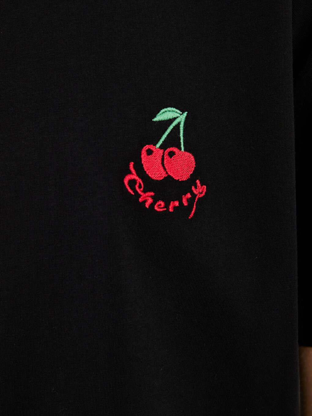 Siyah Bisiklet Yaka Nakışlı Kısa Kollu Pamuklu Kadın Tişört-3