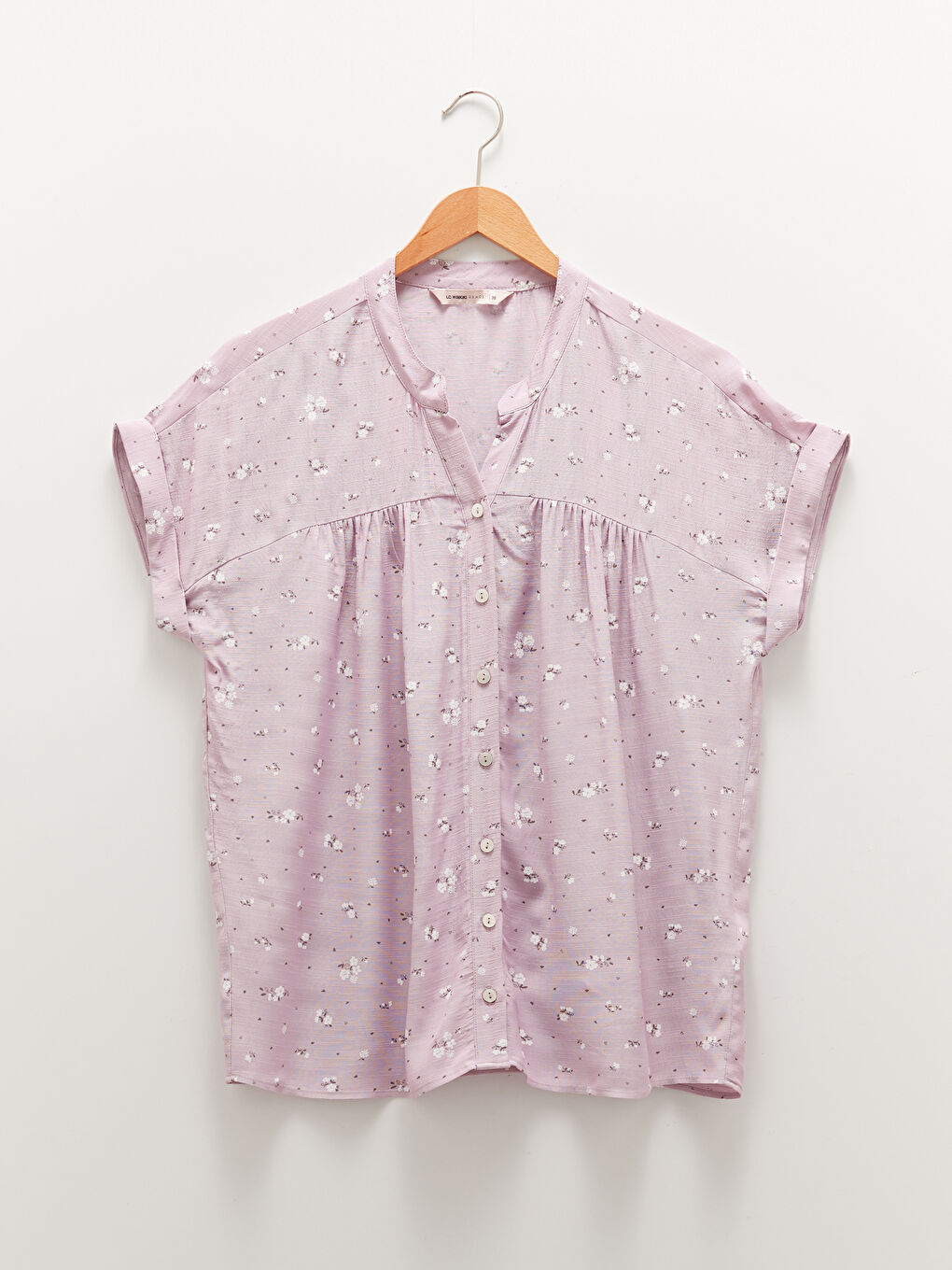 Lila Kaçık Yaka Desenli Kısa Kollu Viskon Kadın Gömlek-5