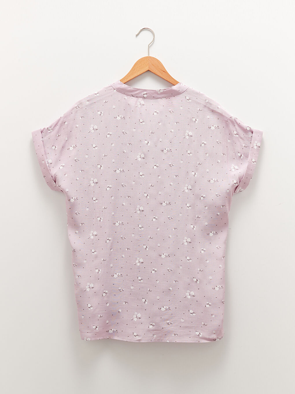 Lila Kaçık Yaka Desenli Kısa Kollu Viskon Kadın Gömlek-6