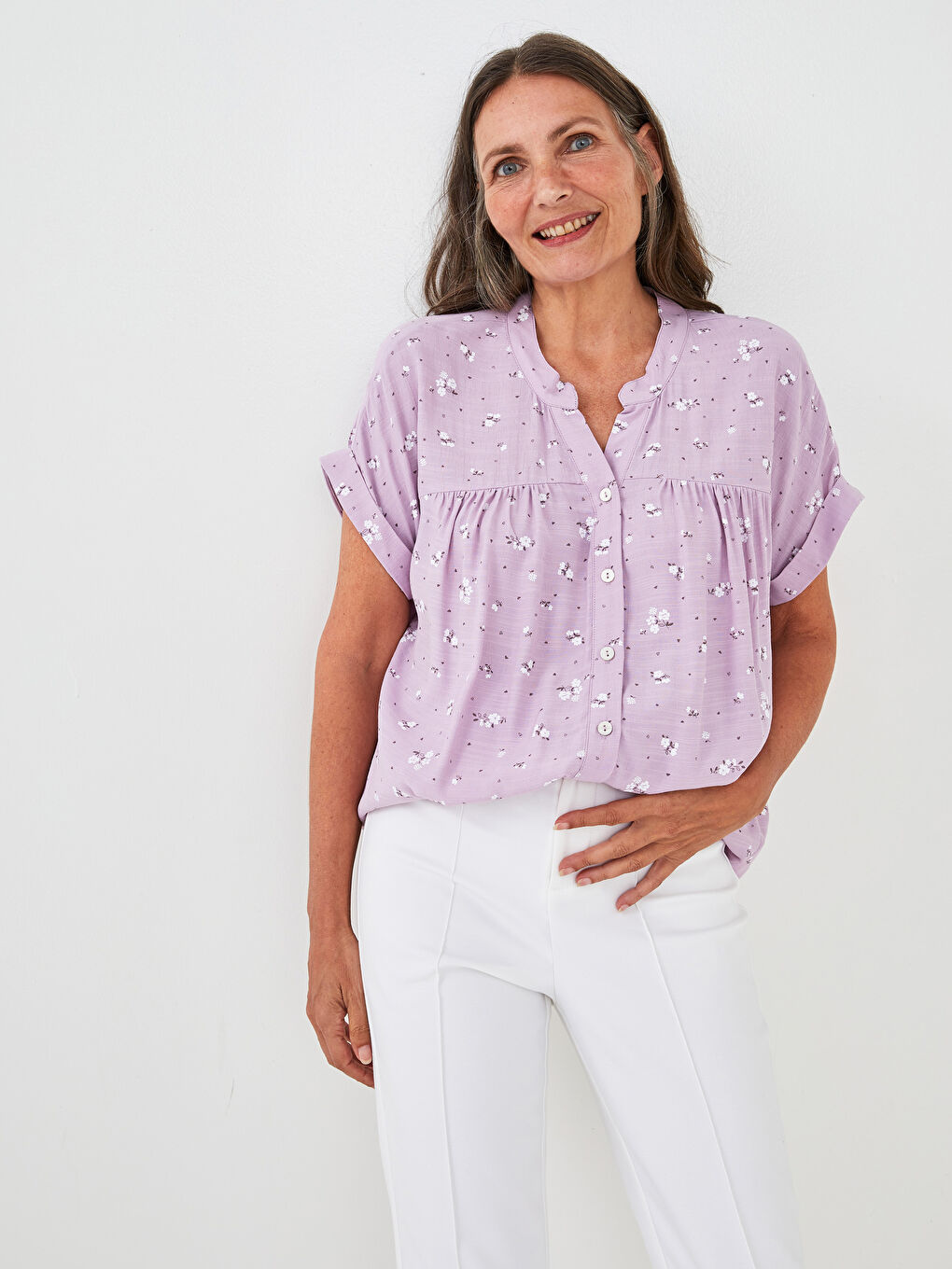 Lila Kaçık Yaka Desenli Kısa Kollu Viskon Kadın Gömlek