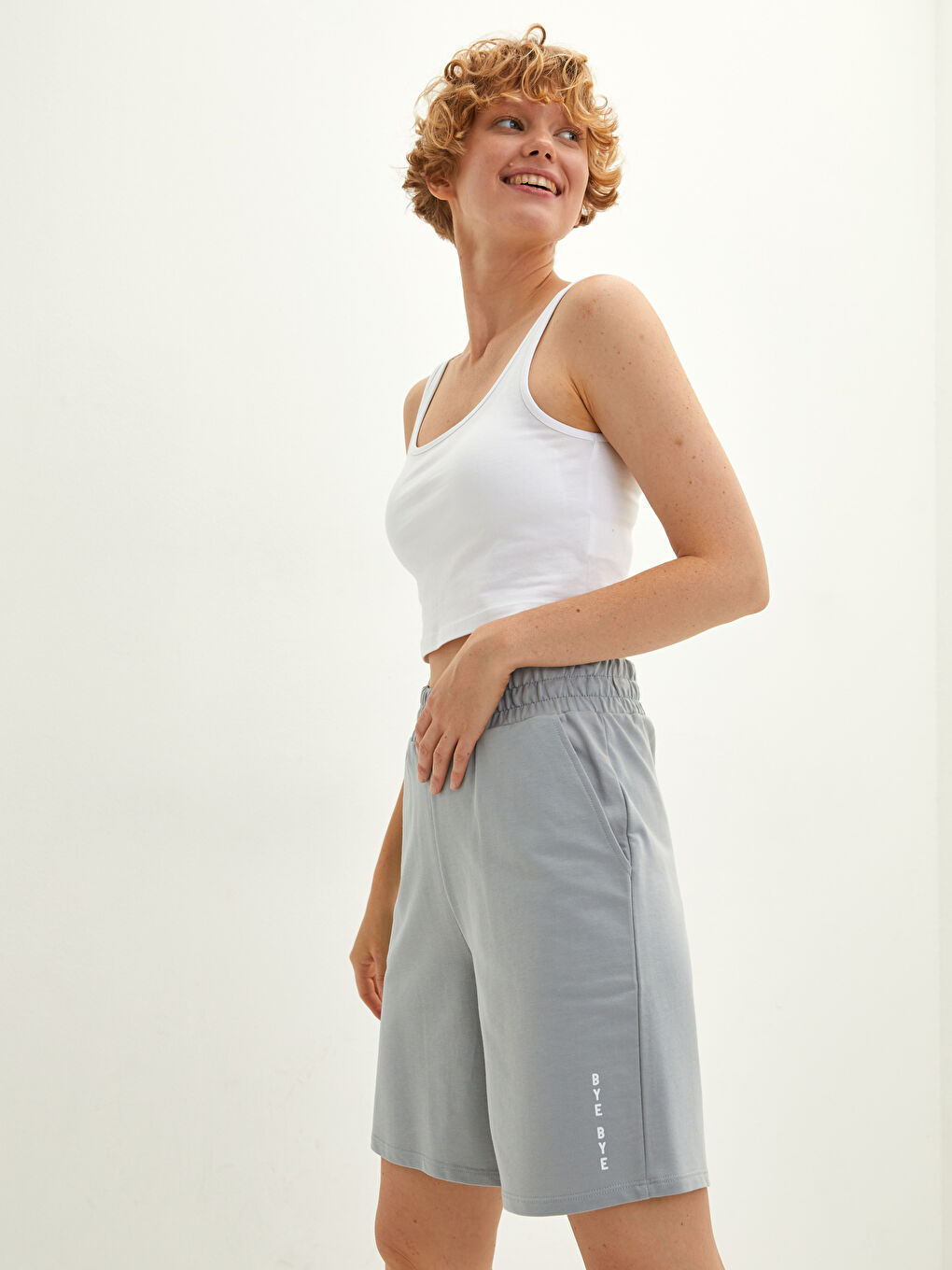 Women's Elastic Waist Printed Pocket Detailed Cotton Bermuda Shorts