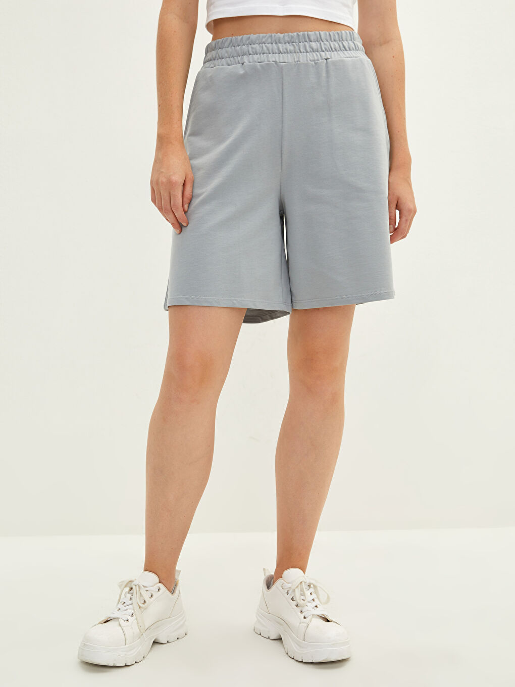 Women's Elastic Waist Printed Pocket Detailed Cotton Bermuda Shorts-3