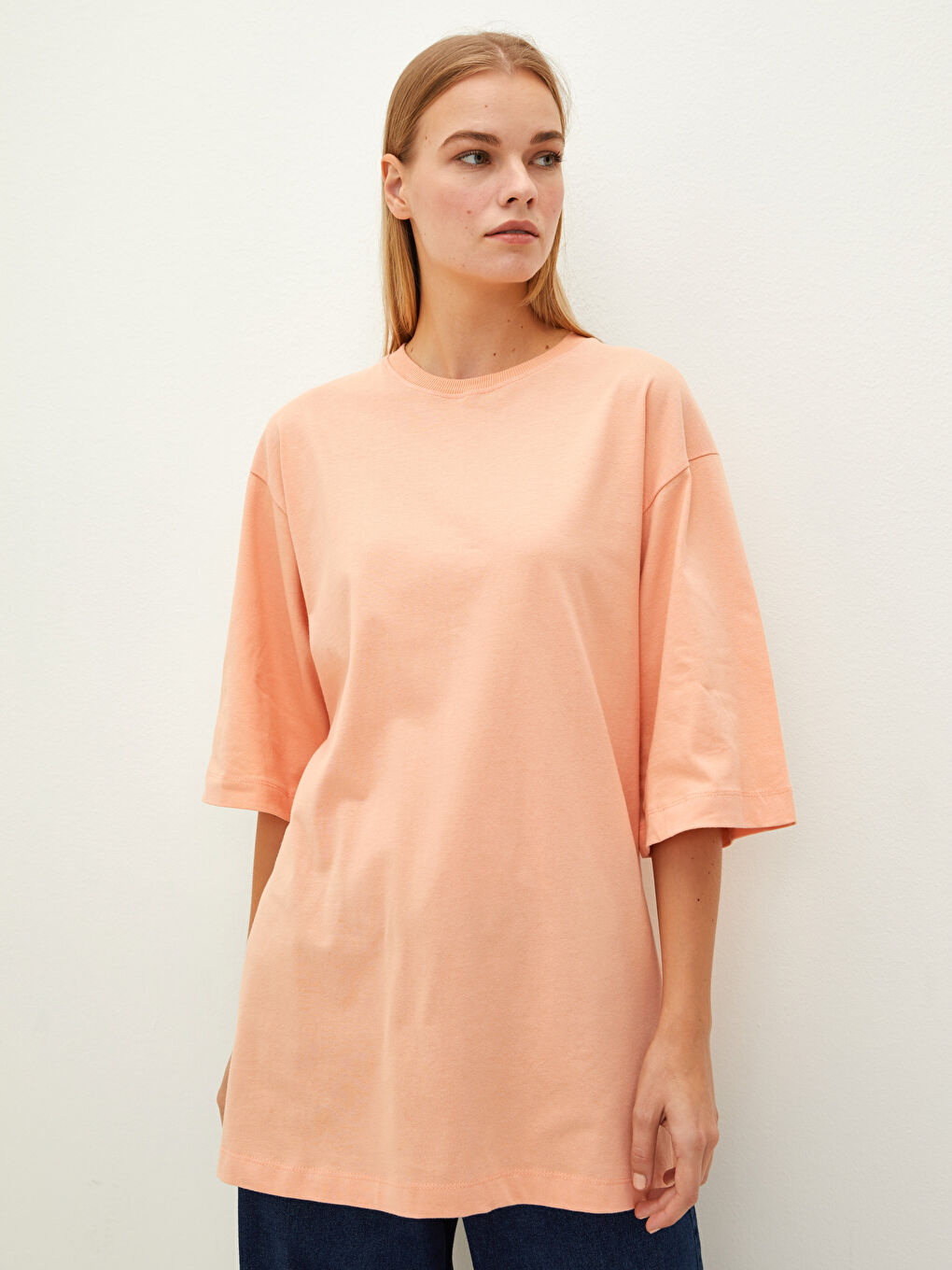 Crew Neck Straight Short Sleeve Cotton Women's Tunic